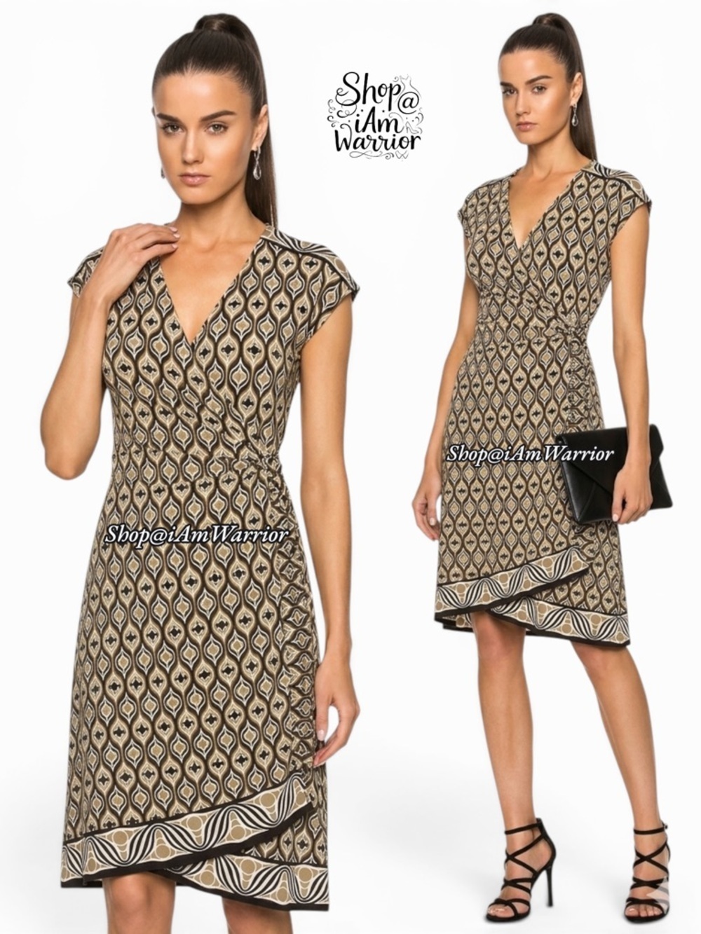 Maggy London black & tan Art Deco print wrap dress *shop@iamwarrior